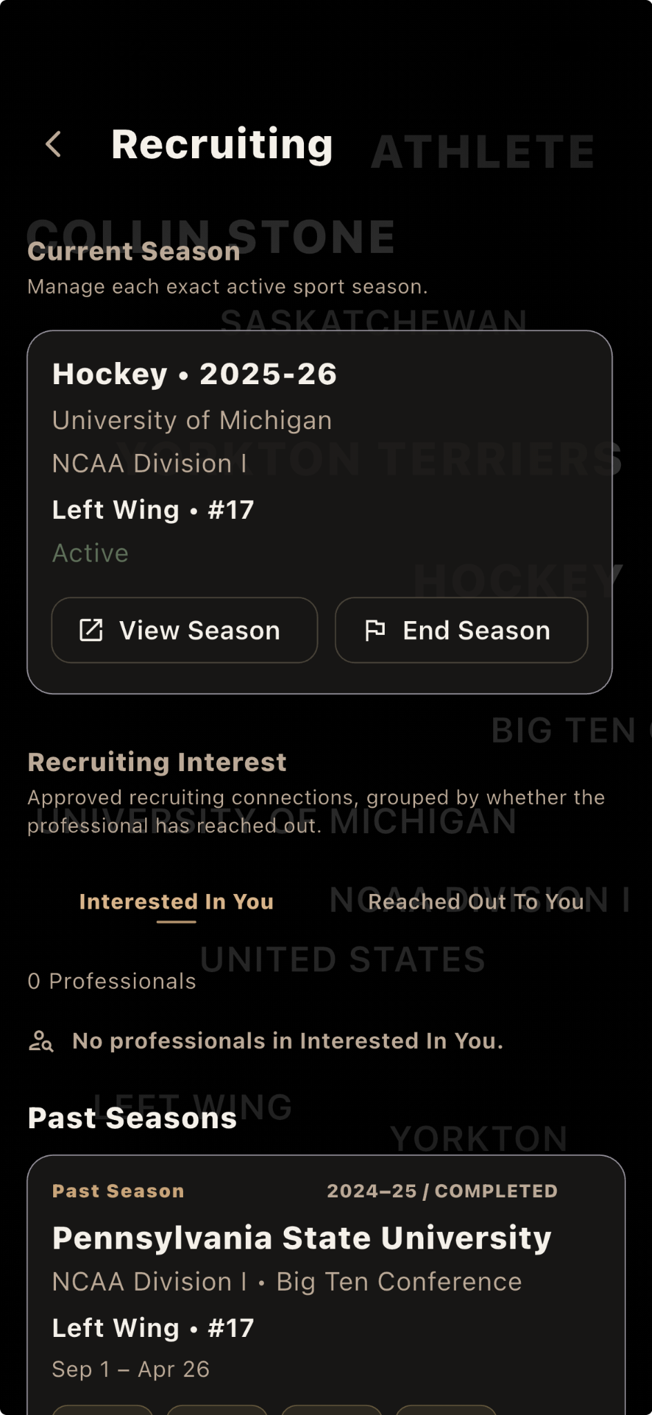Korlow Recruiting screen showing current season and recruiting interest